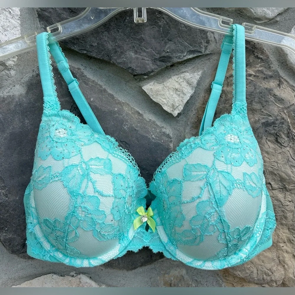 Victorias Secret Lined Perfect Coverage Bra 36C Blue Lace Embellished Tshirt Bra